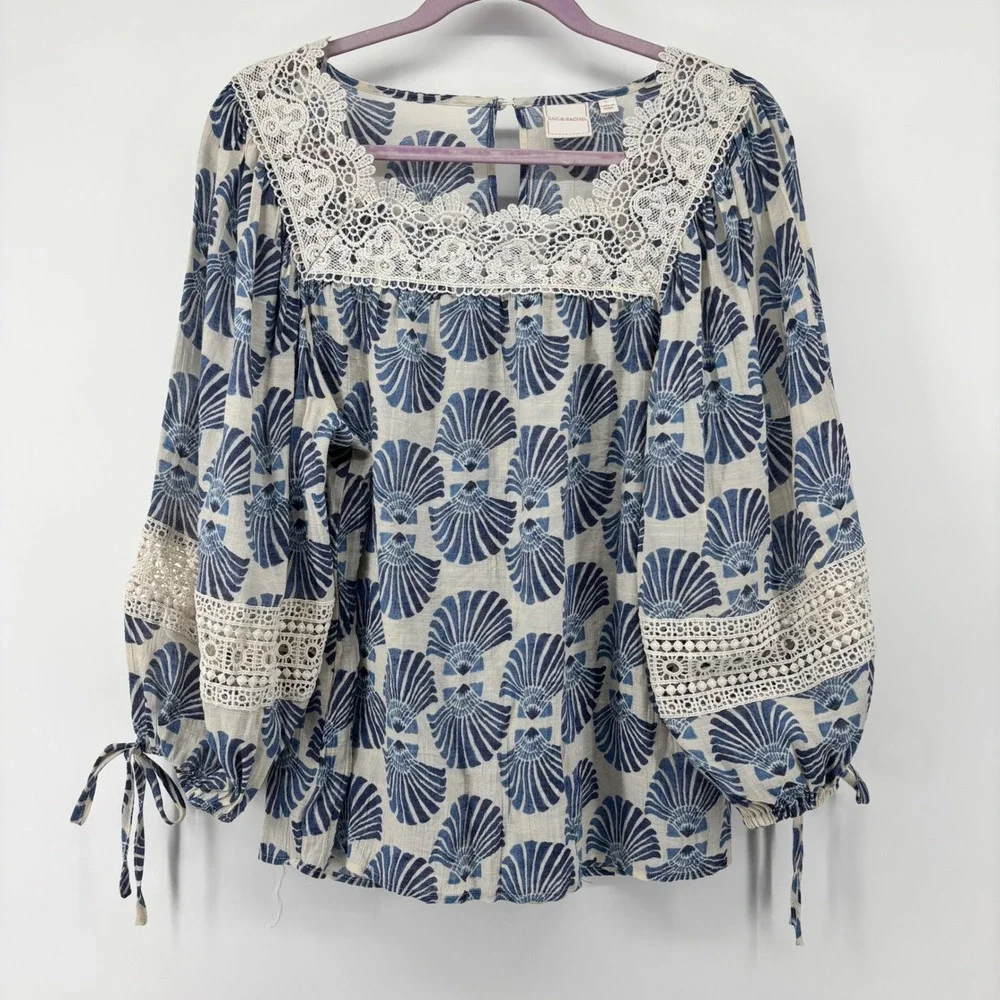 Zac‎ & Rachel Blue Shell Print Crochet Lace Square Neck Balloon Sleeve Blouse L